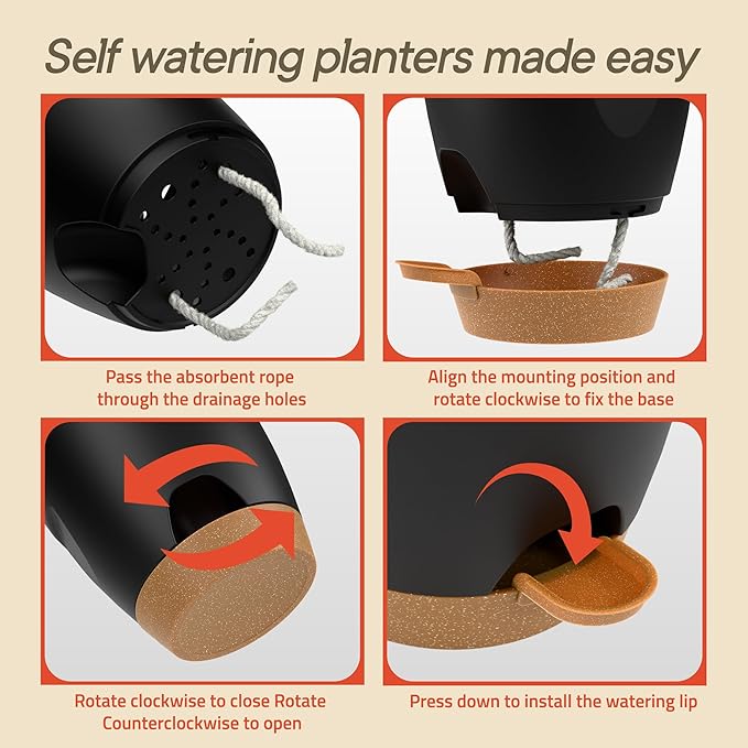 Black Hanging Self Watering Pots with Macrame Black Rope, 3 Pack Indoor & Outdoor Hanging Plant Pots with Built-in Reservoir, Wick Rope, Drainage Holes & Hooks, Stylish Boho Decor Hanging Planter