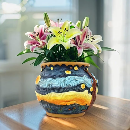 Starry Night Planter Pots/Vase Van Gogh Inspired Acolorful Art Resin Flower Pot with Drainage Hole for Indoor Plant Home Balcony Decor