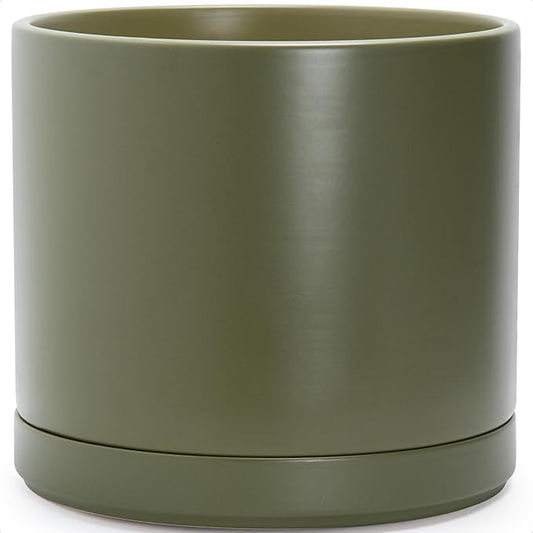D'vine Dev 16 Inch Ceramic Planter Pot with Drainage Hole and Saucer, Indoor Cylinder Round Planter Pot, Olive, 94-O-H-J