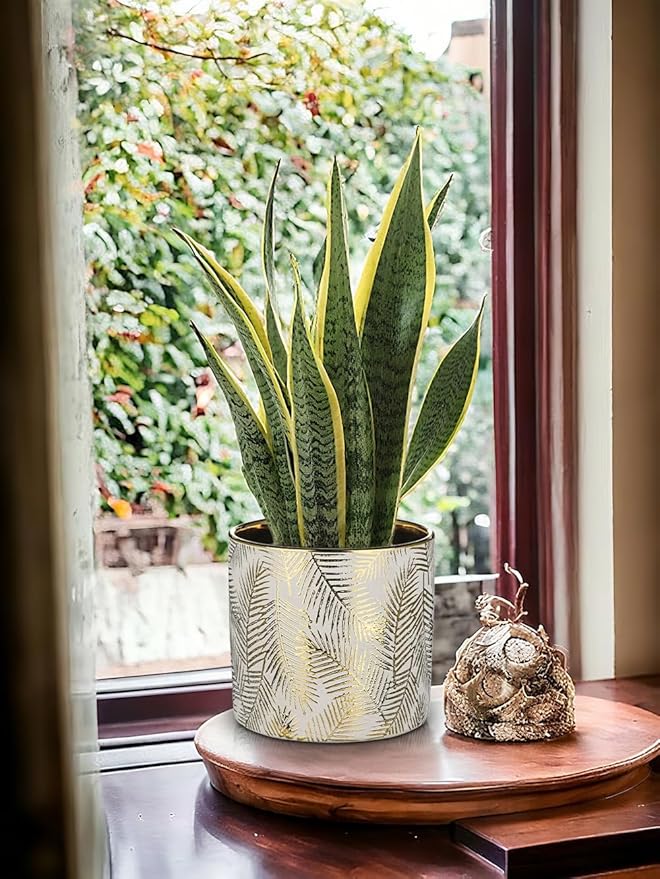Oairse Small Ceramic Pot for Indoor Plants, 5.3 inch Plant Pot with Drainage Hole Decorative Texture Gold Planter Indoor Outdoor Flower Pots for Succulent Snake Plant Pothos Orchid