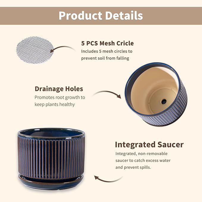 Navy Blue Ceramic Plant Pots Set of 3, 4.3+5.5+6.7 Inch Indoor Flower Pots with Drainage Hole & Saucer & Hole Mesh Pads, Striped Decorative Planter Set for Indoor Plants, Gardening Pots & Accessories