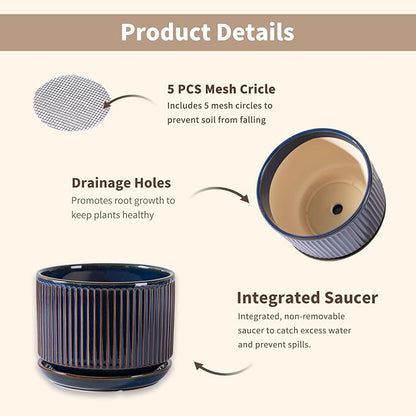 Navy Blue Ceramic Plant Pots Set of 3, 4.3+5.5+6.7 Inch Indoor Flower Pots with Drainage Hole & Saucer & Hole Mesh Pads, Striped Decorative Planter Set for Indoor Plants, Gardening Pots & Accessories