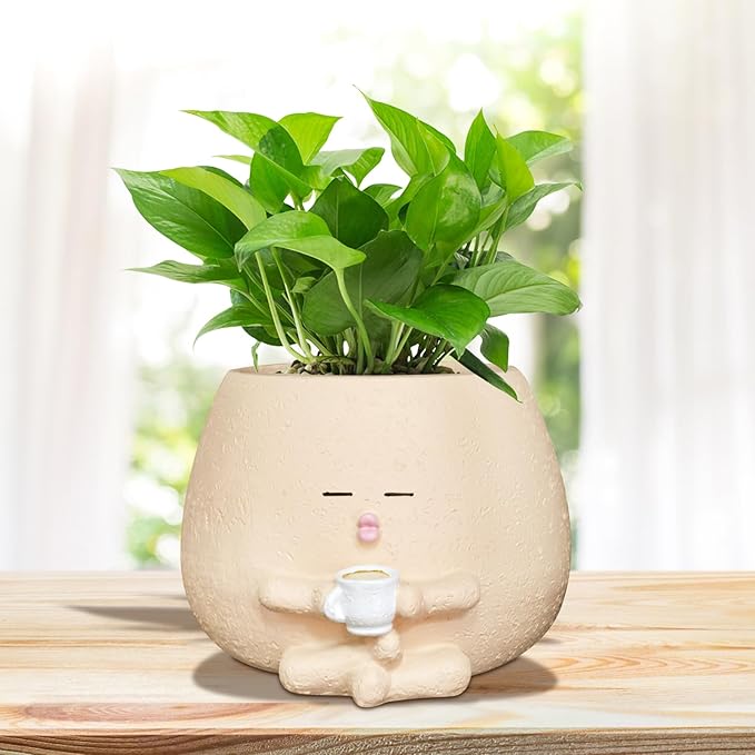 Smily Face Planter Pot with Coffee Cup Cute Resin Flower Head Planters for Indoor Outdoor Unique Sit Succulent Pots with Drainage Hole Gift IdeaI for Mother Christmas (Khaki)