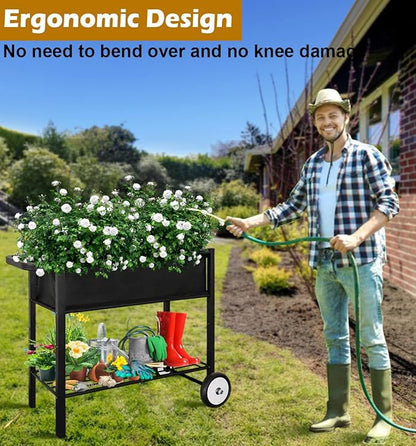 Koutemie Outdoor Raised Planter Bed Box with Legs for Gardening, Elevated DIY Garden Cart on Wheels for Vegetables Flower Tomato Herb Plant, Black
