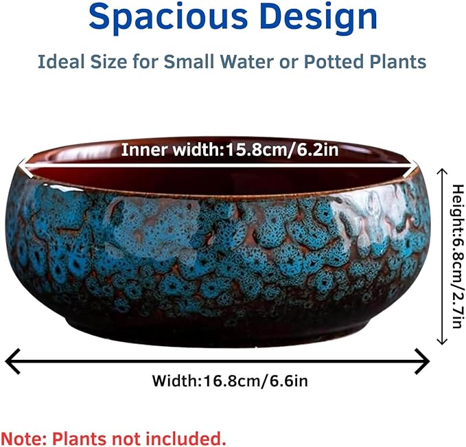 Ceramic Lotus Bowl Planter, Lotus Pots for Water Plants Indoor, Large Caliber Flow Glaze Non-Porous Hydroponic Container, Succulent Pots, Leak-Proof Design (Blue Peacock Pattern) 6.6in*2.7in