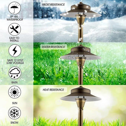 LED Low Voltage Pathway Lights 120- Solid Brass Outdoor Landscape Lights for Garden Pathway & Driveway Outdoor Lighting, 12V Landscape Lighting with Ground Stake & G4 LED Bulb (4 Pack Wide Top 8-1/2")
