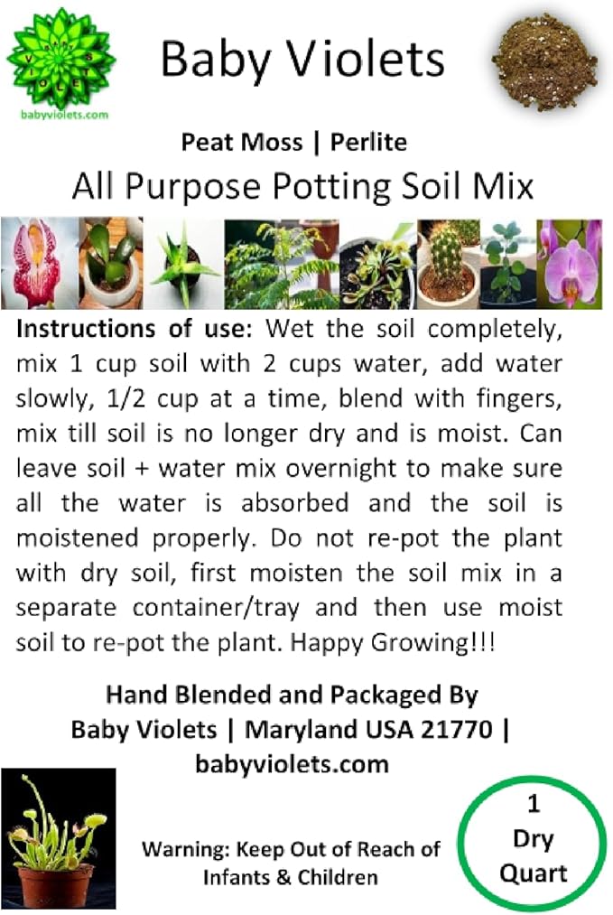 All Purpose Indoor Houseplant Potting Soil Mix Peat Moss & Perlite (3 Cups / 1 Quart)- Ivy, Crotons, Peace Lily, Spider Plants etc...from Baby Violets