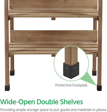 Topeakmart Potting Bench Table w/Metal Tabletop for Garden, Fir Wood Workstation w/3 Tier Shelves, Outdoor Work Bench w/Hook Brown