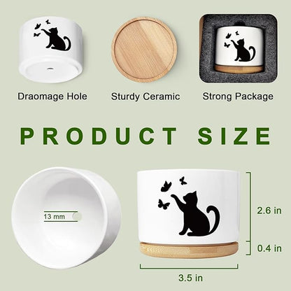 Funny Cute Cat Ceramic Planter Pot with Drainage Holes and Bamboo Tray Ideal for Succulent and Cactus Plants Decorative Indoor Home Office Gift for Cat Lovers and Plant Lovers (Plant Not Included)