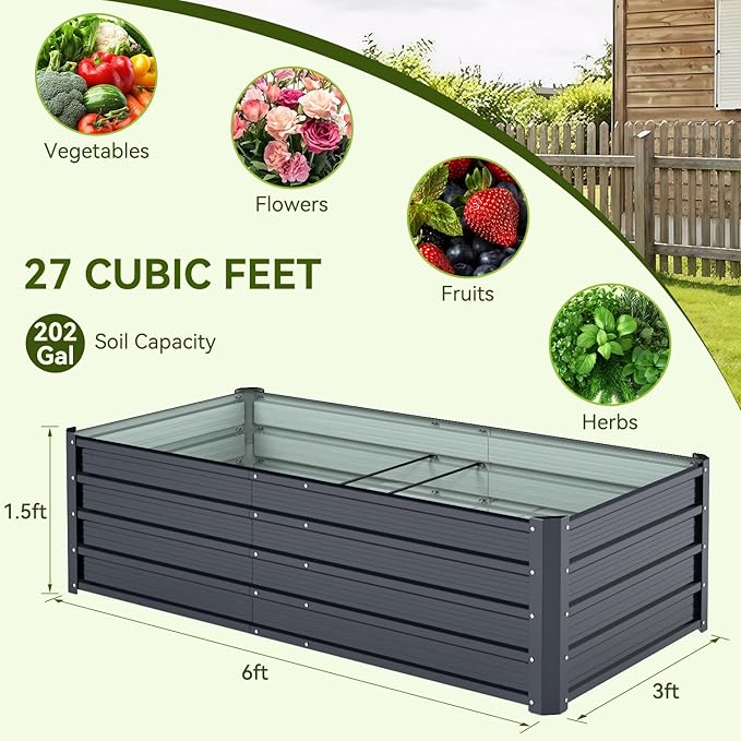 Ohuhu Metal Raised Garden Bed Outdoor, 6x3x1.5FT Reinforced Galvanized Rustproof Colored Steel Planter Boxes for Vegetables, Heavy Duty Raised Beds for Growing Flowers Herbs Succulents 2-Pack