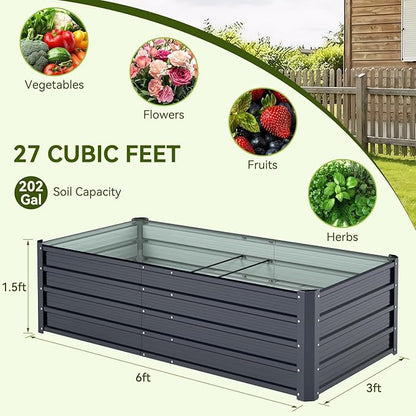 Ohuhu 6x3x1.5FT Metal Raised Garden Bed Outdoor, Reinforced Galvanized Steel Rustproof Planter Box, 100% Non-Toxic, 202 Gal Large Capacity Heavy Duty Raised Beds for Growing Vegetables Flowers Herbs
