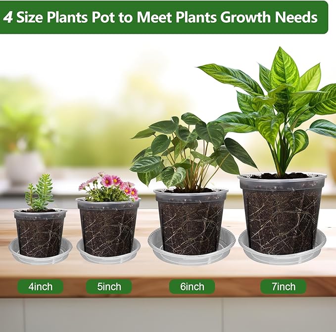 Clear Nursery Pots for Plants with Drainage Holes, 4/5/6/7 Inch Transparent Plastic Plant Pots, 8 Pack Reusable Garden Seed Starter Pots with Trays and 10 Plant Labels for Succulents, Herbs, Cactus