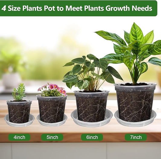Clear Nursery Pots for Plants with Drainage Holes, 4/5/6/7 Inch Transparent Plastic Plant Pots, 8 Pack Reusable Garden Seed Starter Pots with Trays and 10 Plant Labels for Succulents, Herbs, Cactus