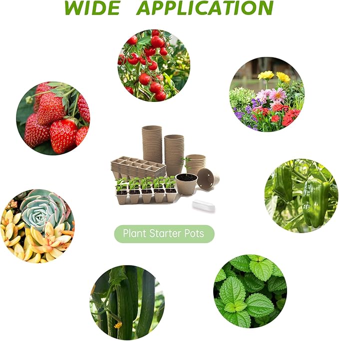 200 pcs Seed Starter Pots Kits Include 50pcs 4 Inch Peat Pots with Drainage Holes 100 Cells 2 Inch Seedling Starter Trays and 50 Pcs Plant Labels Outdoor Garden Germination Nursery Pots