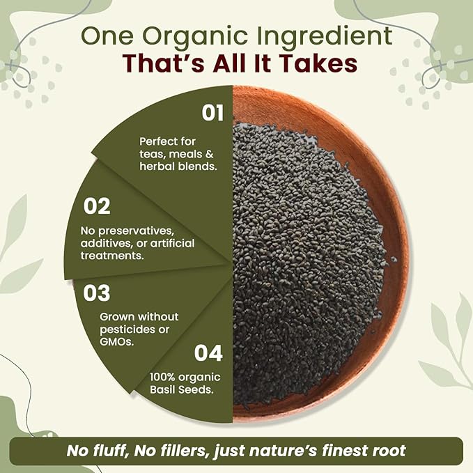 Organic Way Edible Basil Seeds | Organic & Kosher Certified | Sabja Seeds Rich in Fibers | Raw, Vegan, Non GMO & Gluten Free | USDA Certified | Origin - India (16 Ounce Pack)