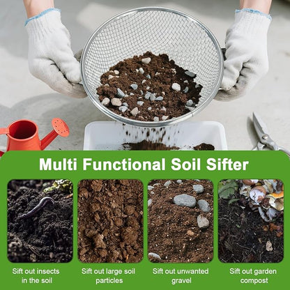 Garden Soil Sifter for Rocks Compost Sieve Garden Potting Lawn Soil Sieve Garden Sieve, 3 Apertures Sizes(1/8in,1/4in,3/8in)