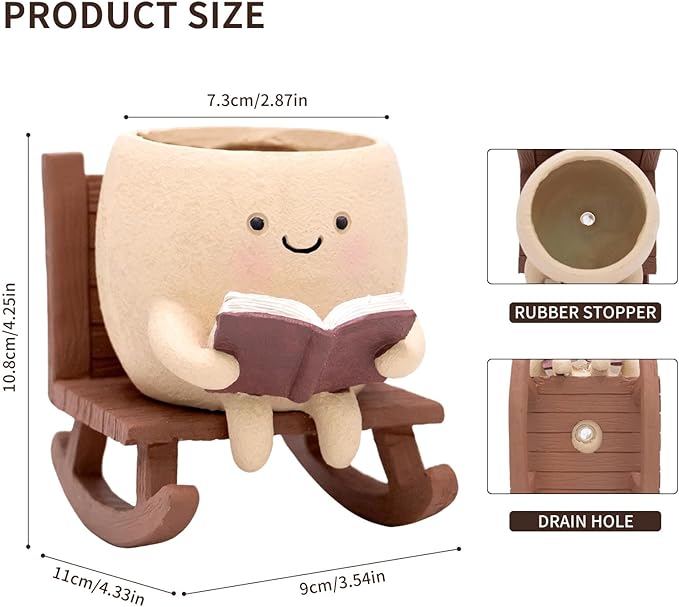 Rocking Chair Book Planter, Cute Smiley Face Succulent Plant Pots for Indoor Outdoor Plants, Unique Funny Flower Pots with Drainage Hole, Plant Gifts for Mother's Day, Birthday, Christmas