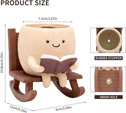 Rocking Chair Book Planter, Cute Smiley Face Succulent Plant Pots for Indoor Outdoor Plants, Unique Funny Flower Pots with Drainage Hole, Plant Gifts for Mother's Day, Birthday, Christmas