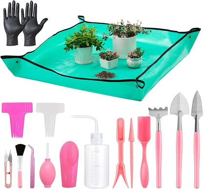 Melphoe 25Pcs Mini Garden Hand Transplanting Succulent Tools Set, 39.4" Thickened Repotting Mat & Plant Tag, Miniature Planting Indoor Fairy Care, Potting, Cactus, Houseplant Bonsai Tool Kit (Pink)