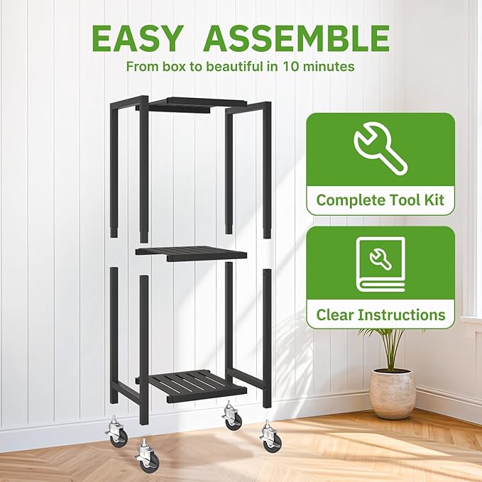 KMOTASUO 3 Tier Black Tall Plant Stand with Wheel for Indoor Outdoor, Heavy Duty Metal Multiple Large Planter Rack for Narrow Corner, Sturdy Iron Vertical Flower Holder for Modern House Patio Bathroom