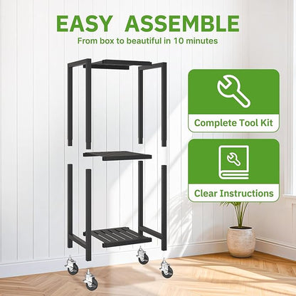 KMOTASUO 3 Tier Black Tall Plant Stand with Wheel for Indoor Outdoor, Heavy Duty Metal Multiple Large Planter Rack for Narrow Corner, Sturdy Iron Vertical Flower Holder for Modern House Patio Bathroom