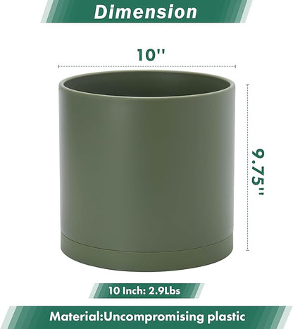 D'vine Dev 10 Inch Plastic Planter Pots for Plant Pot with Drainage Hole and Seamless Saucers, Olive, 74-X-I-2