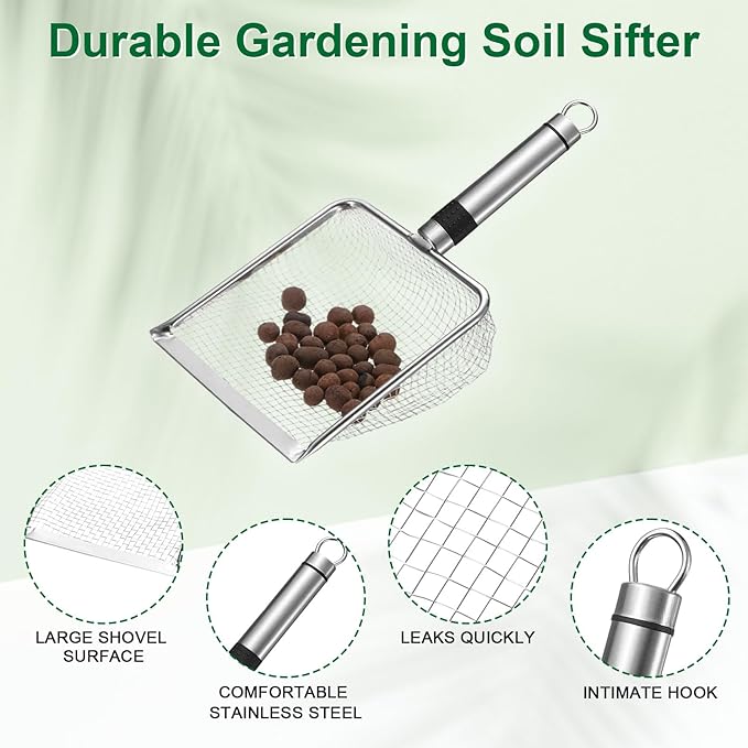 1-Pack Gardening Soil Sifter, 4.3 mm Mesh Stainless Steel Sand Soil Compost Sieve with Stainless Steel Handle for Sand/Dirt/Rock Compost, Screen Potting Scoop [Silver Tone]