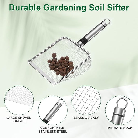 1-Pack Gardening Soil Sifter, 4.3 mm Mesh Stainless Steel Sand Soil Compost Sieve with Stainless Steel Handle for Sand/Dirt/Rock Compost, Screen Potting Scoop [Silver Tone]
