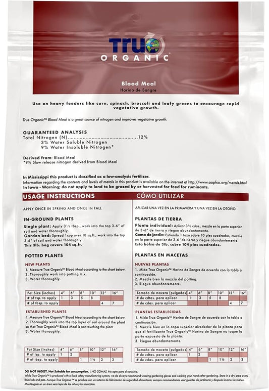 True Organic Blood Meal – High-Nitrogen Organic Fertilizer for Rapid Vegetative Growth – 3lb Bag Covers 104 Sq. Ft. (Pack of 2)