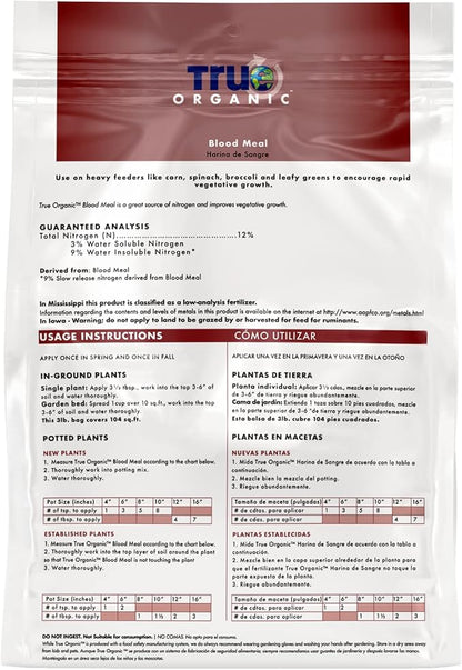 True Organic Blood Meal – High-Nitrogen Organic Fertilizer for Rapid Vegetative Growth – 3lb Bag Covers 104 Sq. Ft.