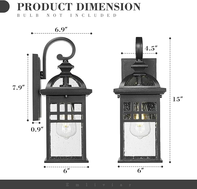 Emliviar Farmhouse 15 Inch Outdoor Wall Sconce, 1-Light Outdoor House Lights with Seeded Glass, Black Finish, DE281B BK