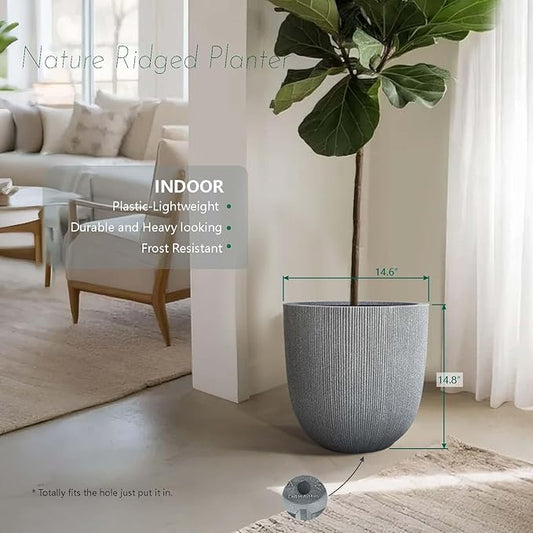 14.8" Tall Round Tapered Planter - Gray Faux Cement Finish, Lightweight Durable Plastic Plant Pot with Drainage Hole & Plug, Weather & UV Resistant Pot for Plants Indoor/Outdoor Use, 12.5" Opening
