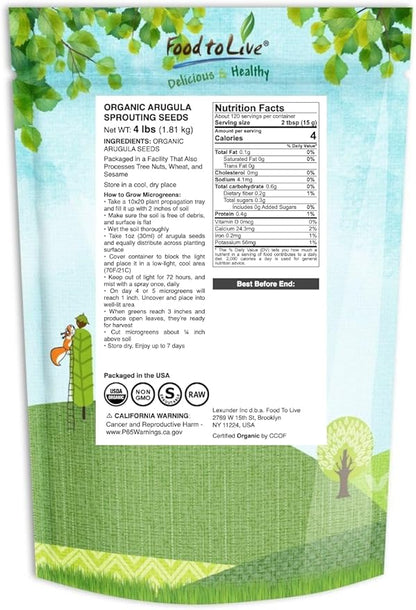 Food to Live Organic Arugula Sprouting Seeds, 4 Pounds - Non-GMO, Kosher, Great for Sprouting & Planting, High Germination Rate, Vegan Superfood, Bulk, Microgreens & Plants for Salads, San
