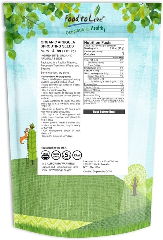 Food to Live Organic Arugula Sprouting Seeds, 4 Pounds - Non-GMO, Kosher, Great for Sprouting & Planting, High Germination Rate, Vegan Superfood, Bulk, Microgreens & Plants for Salads, San
