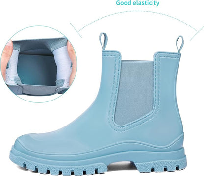 DKSUKO Rain Boots Women Waterproof Chelsea Boots Ankle Garden Shoes for Ladies Rubber Short Rainboots with Removable Comfort Insole for Outdoor Work Deck Mud Boots