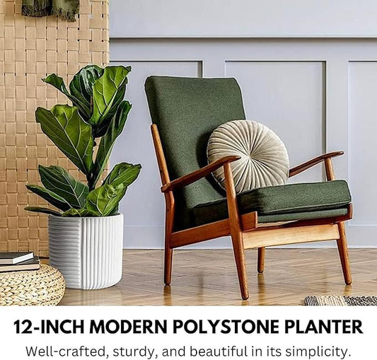 Fox & Fern Large 12 Inch Planter with Drainage Plug — Premium Polystone White Plant Pot - Modern Planter with 3D Texture and Ceramic Finish - 12 Inch Pots for Plants Indoor & Outdoor