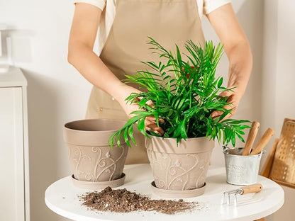 Melphoe Plant Pots Indoor with Drainage & Saucer, 2Pack 7 inch Flower Pots Outdoor Planters for Indoor Plants Garden Home Decor Cactus Succulent, Rigid Plastic (Imitation-Terracotta) Vine-Embossed