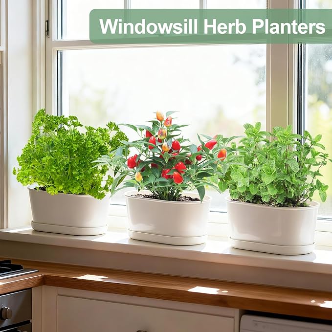 Set of 4 White Oval Window Sill Planters with Drainage Holes and Trays（7 Inch） for Herbs Basil Orchids Succulents, Modern Herb Garden Planter for Indoor/Outdoor Plants