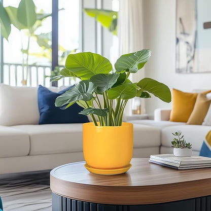 Indoor Plant Pot - 7 Inch Modern Round Ceramic Planter for Indoor Outdoor Plants with Drainage Hole and Saucer, Home Garden Office House Decor, Yellow