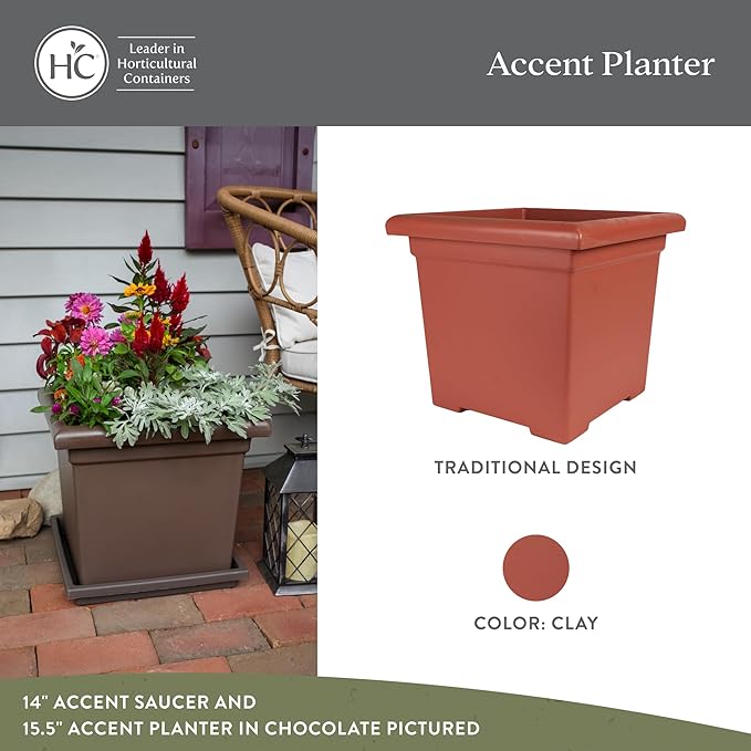 The HC Companies 12.5 Inch Accent Square Plant Pots with Drainage, Lightweight UV-Resistant Plastic Planters for Indoor & Outdoor Plants, 2-Pack Flower Pots for Garden, Office & Home Decor, Clay
