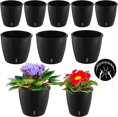 Planterhoma 5/6.7 Inch Self Watering Pots for Indoor Plants, 8 Packs Self Watering Planters for Orchid, Spider Plant, Devil's Ivy & African Violet, Water Indicator & Black Wick Pots, Black