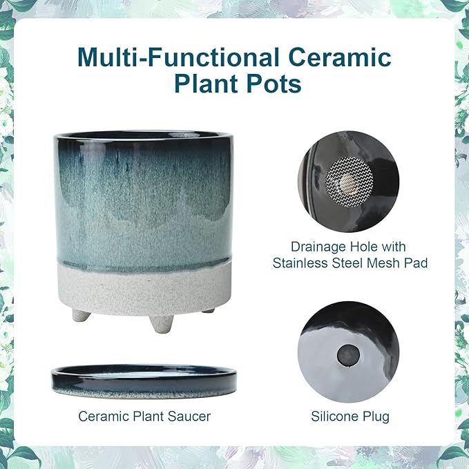 Ceramic Plant Pots Flower Pots Round Planter with Drainage Hole and Saucer Indoor Outdoor with Mesh Pad and Silicone Plug Office Home Decor 5.5+6.5 inch Set 2