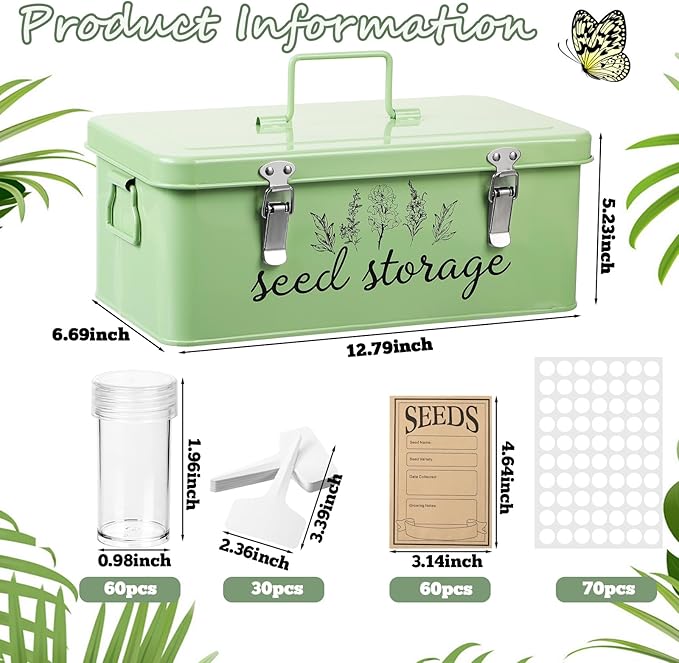 TINSKY Seed Storage Organizer Metal Seed Box with Lid and Locks Seed Saving Bank with 60 Seed Bottles, 30 Plant Labels and 60 Seed Envelopes, 3 Compartments, Suitable for Garden Floweren