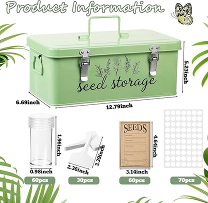 TINSKY Seed Storage Organizer Metal Seed Box with Lid and Locks Seed Saving Bank with 60 Seed Bottles, 30 Plant Labels and 60 Seed Envelopes, 3 Compartments, Suitable for Garden Floweren