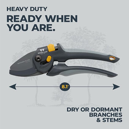 Woodland Tools Co. Heavy Duty Anvil Pruning Shears – 5/8" Cut Capacity, High Carbon Steel Blade, Internal Spring, Adjustable Grip Slider, Garden Pruner for Dry Branches, Stems, and Dead Growth