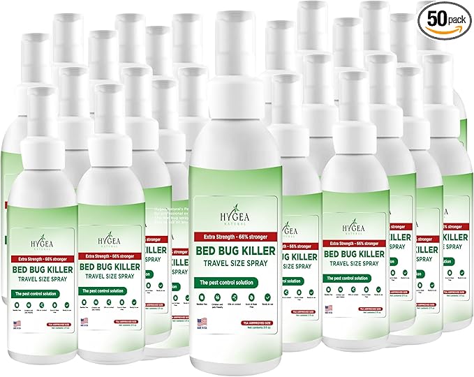Hygea Natural Extra Strength Bed Bug Killer 3oz Travel Spray –TSA Approved - New Formula 66% Stronger- Stain & Scent Free Treatment – Natural Formula - Child & Pet Safe (50 Pack)