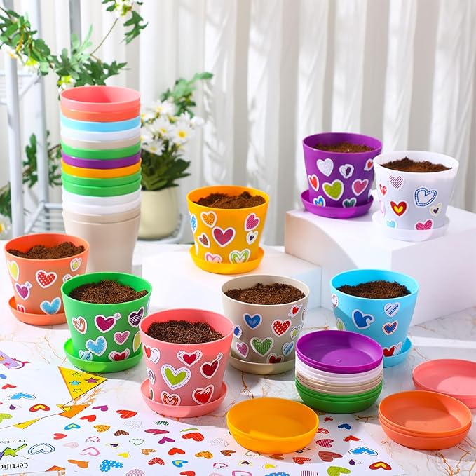 Domensi 30 Pack Spring Crafts for Kids Bulk DIY Flower Pots 4 Inch Plastic Garden Plant Pots Planters with Tray Drainage Holes with 458 Stickers 30 Certificates Cards to Decorate(Multicolored)