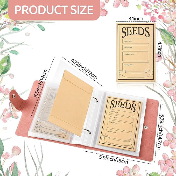 Seed Storage Organizer Binder, Leather Seed Sleeves Binder with 50 Pack Seed Envelopes, Garden Seeds Storage Organizer, Vegetable Seed Saver, Flower Seed Keeper, Pink, 3.1 x 4.7 Inch Seed Envelopes