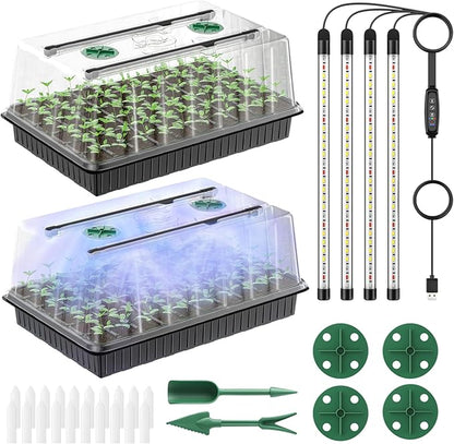 Pawfly 2 Pack Seed Starter Kit, 120 Cells, Seed Starter Trays with Adjustable Grow Light Bars & 4" Humidity Domes, Indoor Seedling Starter Trays, Reusable Plant Germination Trays, Seed Starting Trays