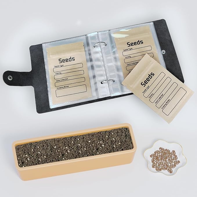 Seed Organizer Binder with 50 PCS Resealable Seed Envelopes - 50 Storage Pockets, 3.5x5 Inch Clear Sleeves, Seed Saver for Garden Lover - Cyan